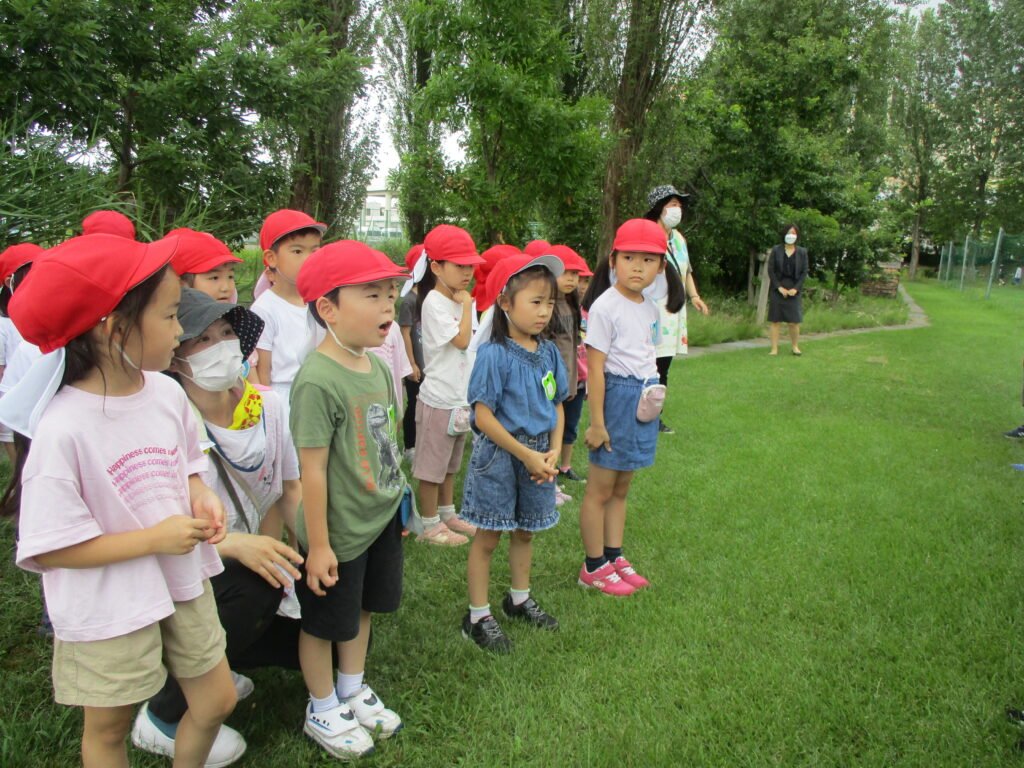 横内小学校の一年生と、年長さんがビオトープで交流をしました。