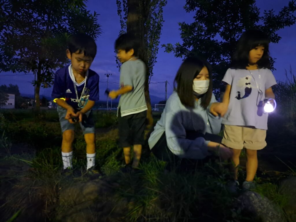 夜のビオトープを探検する園児たち